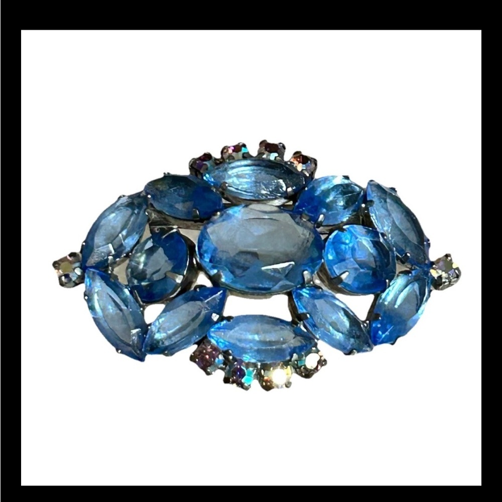 Vintage Rhinestone Brooch Blue Domed Open Back